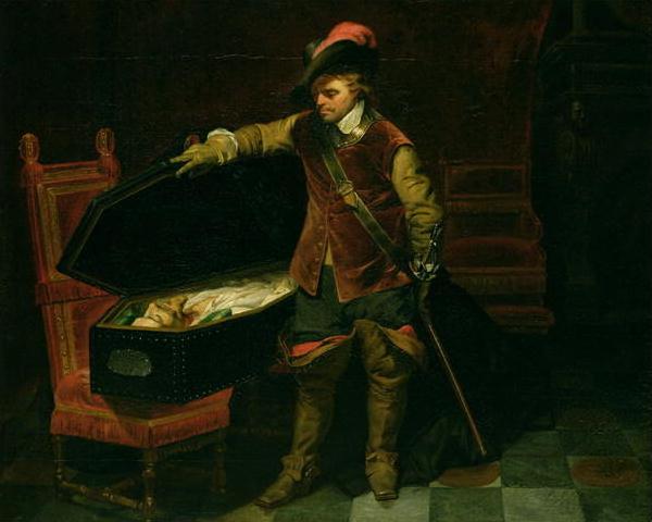 Oliver Cromwell with the corpse of Charles I, 1649 CE, end of the Second English Civil War, by Paul Delaroche (1797-1856), Kunsthalle Hamburg,  painted in 1831. 